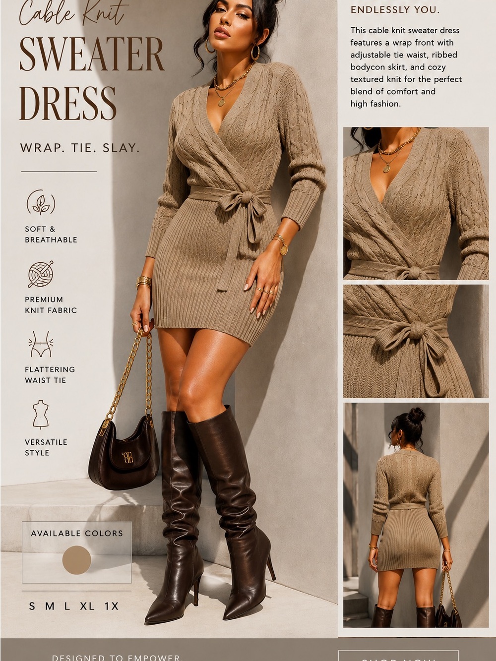 Derek Heart Taupe Cable Knit Wrap Mini Dress